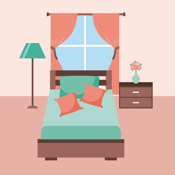 Интерьер спальни кровать с мебелью лампы на скатерти цветочная подушка окно
 - Вектор,изображение