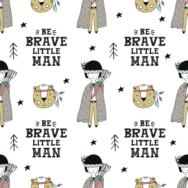 Be brave little man - Cute hand drawn seamless pattern with hunter girl and lettering in scandinavian style. - Vektör, Görsel