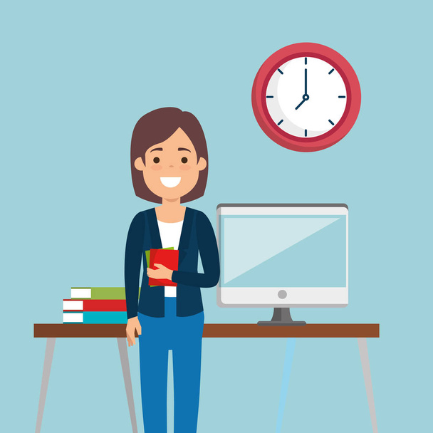 young woman in workplace character - Vector, Image