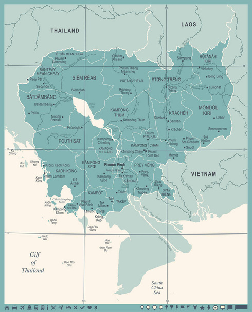 Χάρτης Καμπότζης - Vintage λεπτομερείς διανυσματικά εικονογράφηση - Διάνυσμα, εικόνα