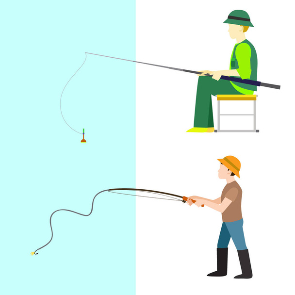 Fishing fishermen vector catches fish fisher threw rod into water catch and spin, man pulls net out of the river character vector illustration - Vektori, kuva