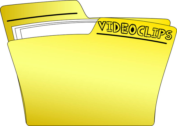 Το εικονίδιο του ένα κίτρινο φάκελο που περιέχει ορισμένα έγγραφα και έχοντας το γράφουν Videoclips - διάνυσμα - Διάνυσμα, εικόνα