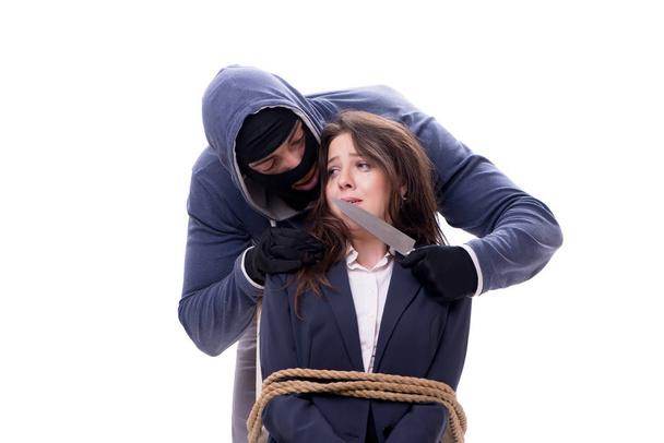 Knifeman ameaçando amarrado mulher
 - Foto, Imagem