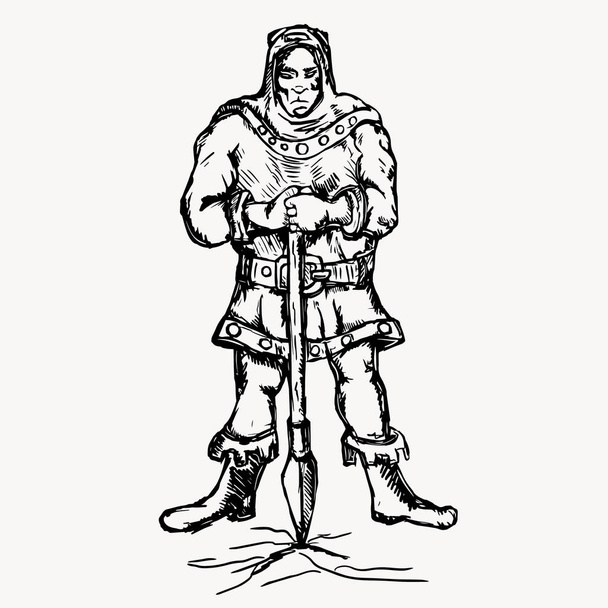 outline sketch of a warrior with a spear - Vector, Image
