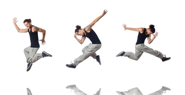 Чоловік танцює ізольовано на білому
 - Фото, зображення