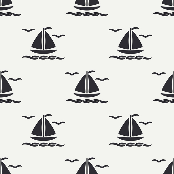 フラット ライン モノクロ ベクターのシームレスなパターン海ボート帆。シンプルなレトロ。漫画のスタイル。レガッタ。カモメ。夏休み。ヨット。アート。イラストやデザインの壁紙のための要素. - ベクター画像