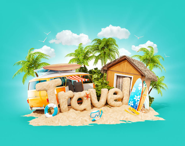 Η λέξη ταξίδια φτιαγμένα από άμμο σε τροπικό νησί. Ασυνήθιστο 3d απεικόνιση των καλοκαιρινών διακοπών. Ταξίδια και διακοπές έννοια. - Φωτογραφία, εικόνα