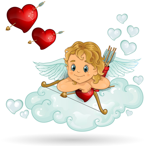 Cupid op wolken en rozen - Vector, afbeelding