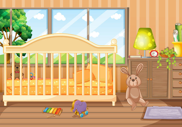 Сцена с игрушками и детской кроваткой
 - Вектор,изображение