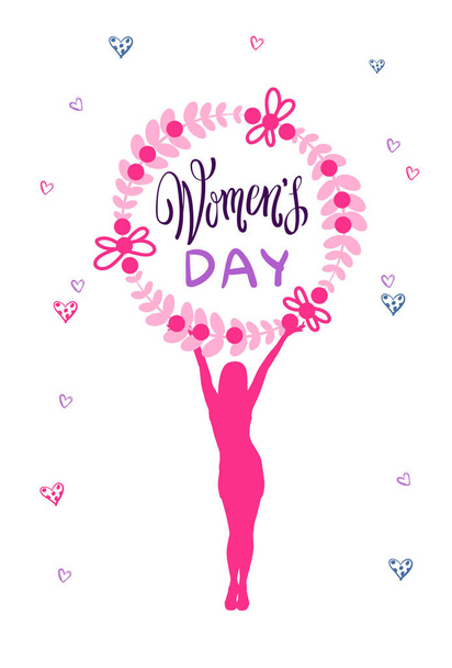 Women Day Holiday Greeting Card 8 March Banner With Pink Silhouette Girl On Doodle Background - Вектор,изображение