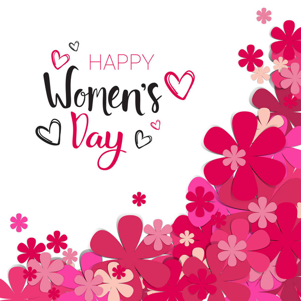 Happy Women Day Background With Pink Flowers And Lettering Calligraphy 8 March Holiday Card - ベクター画像