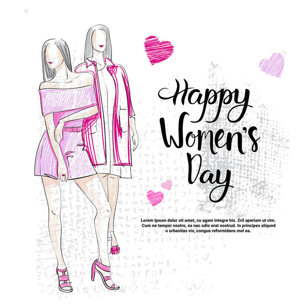 glückliche Frauen Tag Gruß Poster Hintergrundkarte mit handgezeichneten Schriftzügen und Skizzen - Vektor, Bild
