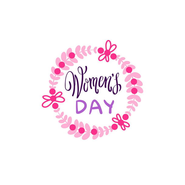 Vintage Badge Happy Women Day Concept Pink Lettering Calligraphy On White Background - Vector, Image