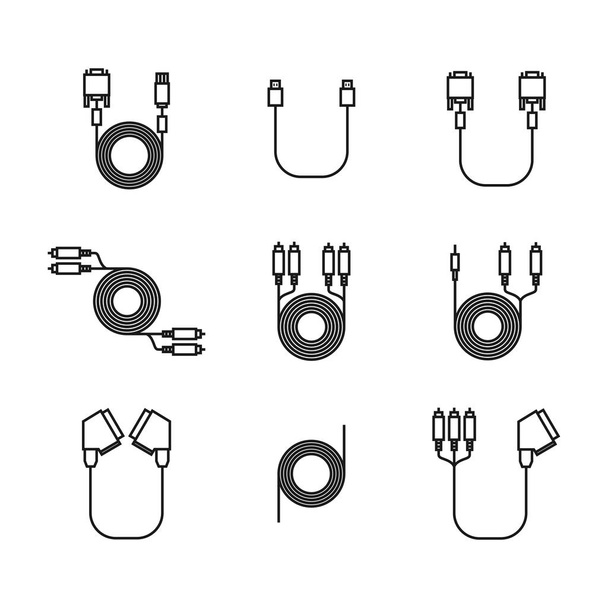 Iconen van snoer en kabel met stekkers van dunne lijnen, vectorillustratie. - Vector, afbeelding