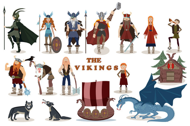 Vikingové. Viking kreslenými postavičkami. Valkýra, berserker, válka - Vektor, obrázek