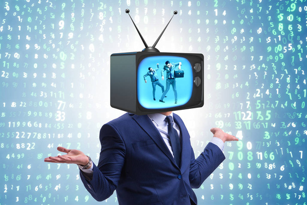 Man with television head in tv addiction concept - Fotoğraf, Görsel