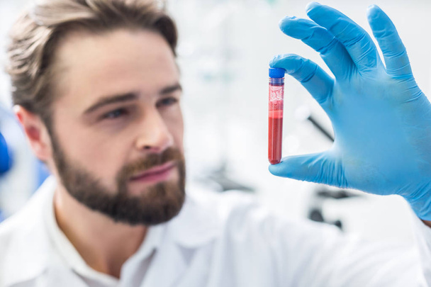 Blood sample. Selective focus of a test tube with blood being held by a nice smart professional laboratory worker - Foto, imagen