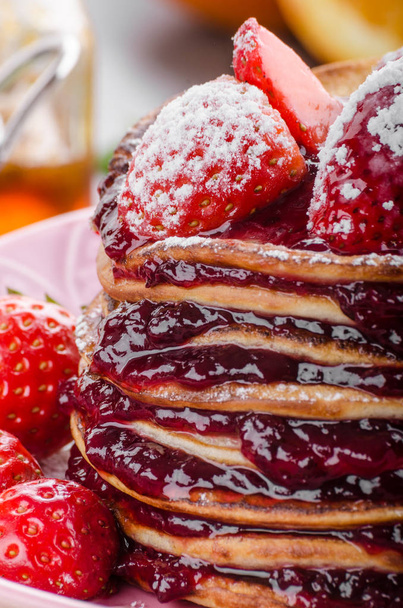 Pancakes strawberry, sugar and jam - Photo, Image