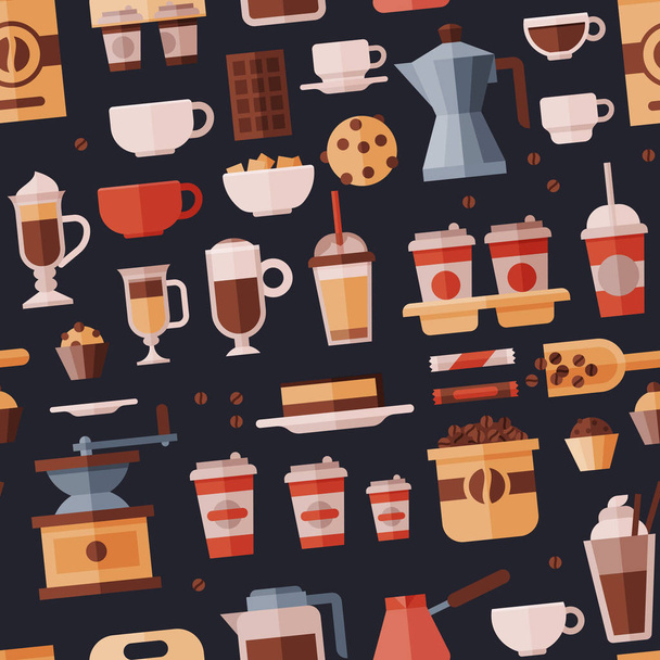 Coffee set vector coffeemachine with coffeecups for hot espresso or cappuccino and beverages with caffeine in plastic cups takeaway in coffeeshop illustration seamless pattern background - Вектор,изображение