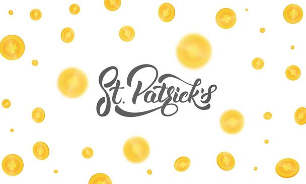 Ημέρα του Αγίου Πατρικίου. Χρυσά νομίσματα με τριφύλλι σημάδια. Φόντο με κέρματα και Αγίου Patricks γράμματα. Φόντο ημέρα του Αγίου Πατρικίου - Διάνυσμα, εικόνα