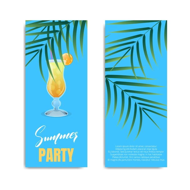 Fête d'été. Flyer ou design d'invitation pour la fête d'été. Carte avec cocktail, palmiers et lettrage
 - Vecteur, image