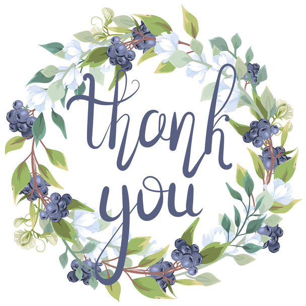 Thank you. Hand-written lettering. Beautiful floral wreath - Vector, Imagen
