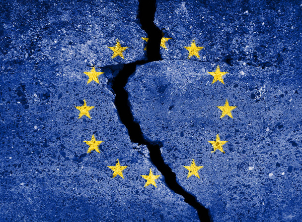 Blue european union EU flag on broken wall. EU destruction symbo - Photo, Image