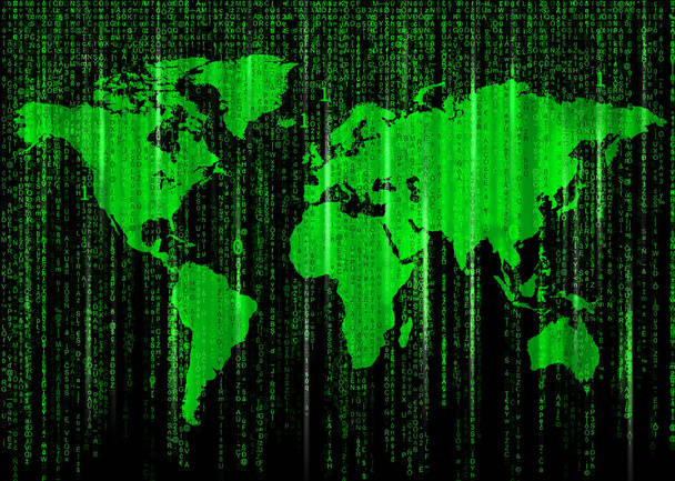 Green Binary code background with world map.  - Photo, Image