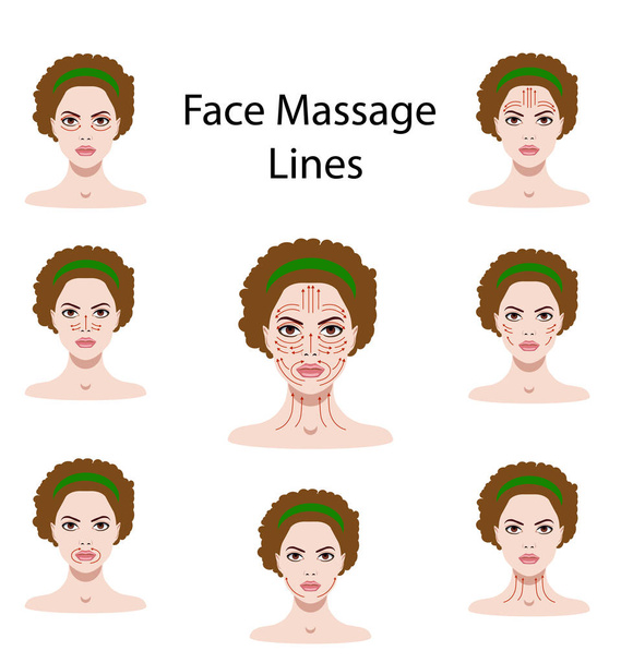 Vector illustration set of face massage instructions isolated on the white - Vector, Image