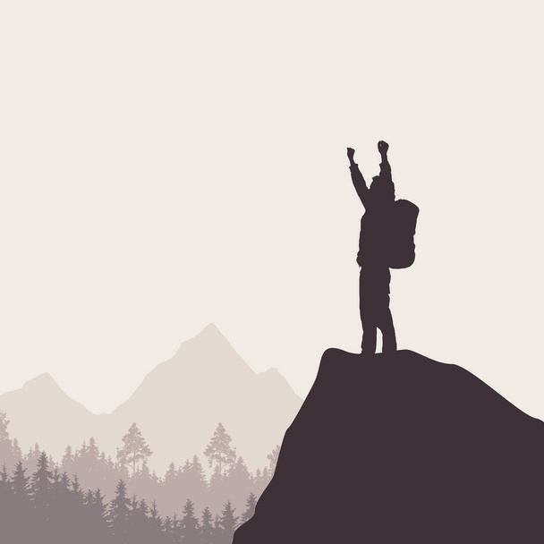 A tourist with a backpack standing on top of a rock rejoicing in success - Vector, Image