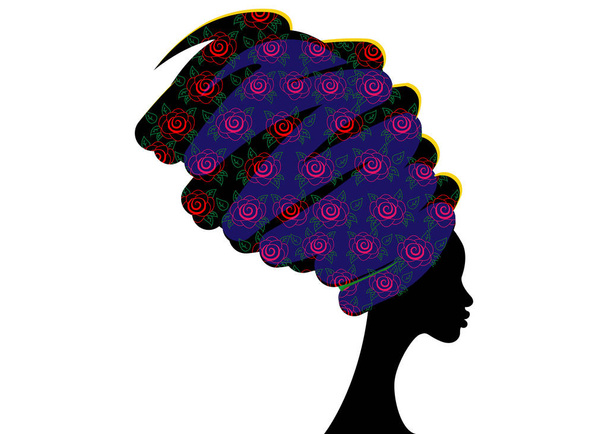 muotokuva kaunis Afrikkalainen nainen perinteisessä turbaani, Kente pään kääri Afrikkalainen, Perinteinen dashiki tulostus, musta naisten vektori siluetti eristetty, kampauksen käsite
 - Vektori, kuva
