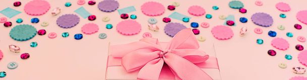 Banner Gift box on festive pastel background. - Photo, Image