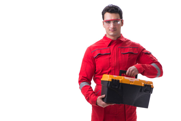 Contractor worker in red coveralls with toolbox isolated on whit - Fotó, kép