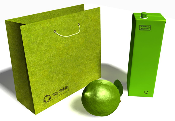 Comprador de papel verde, frutas de limão e pacote de suco de papel ecológico
 - Vetor, Imagem