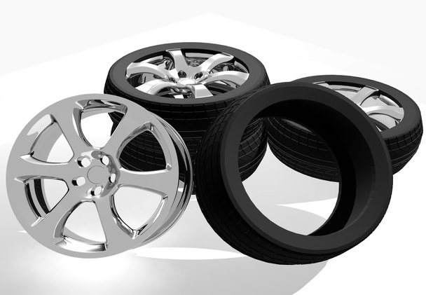 Dark-grey car tyres and chrome car rims - Vector, Image