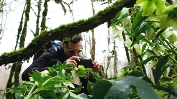 Un joven turista en gafas con una mochila está fotografiando flores y plantas en el teléfono, 4k
. - Metraje, vídeo