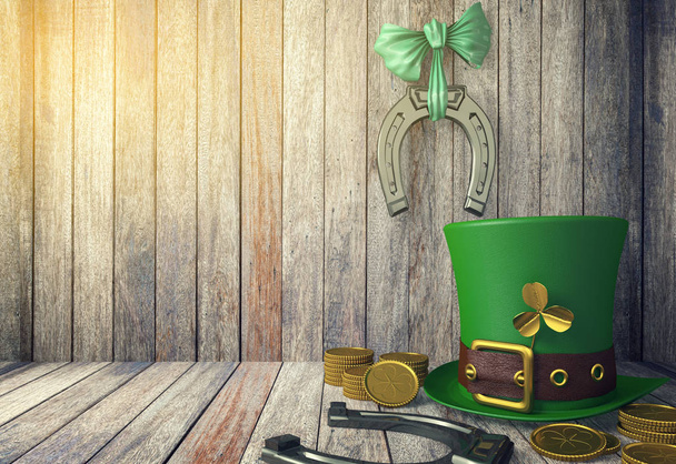St. Patrick's Day Leprechaun Hat with Gold Coins and Horseshoes on Wooden Background with Copy Space, 3D Rendering - Photo, Image