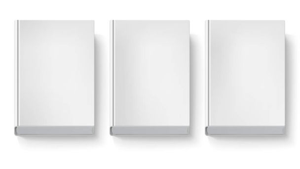Εξώφυλλο του βιβλίου που απομονώνονται σε λευκό φόντο. Τρία βιβλία κενό χωρίς κείμενο και ζωγραφιές, κάτοψη με τις σκιές. 3D απεικόνιση, αντικείμενο για design και branding - Διάνυσμα, εικόνα