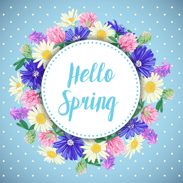 Hand drawn spring card with wildflowers wreath. - Vetor, Imagem