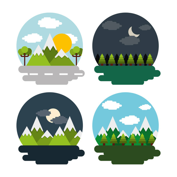 set of landscape day night mountains forest - Vector, imagen