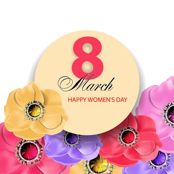 Template Greeting card March 8 International Women's Day. Background with flowers. Vector - Vecteur, image