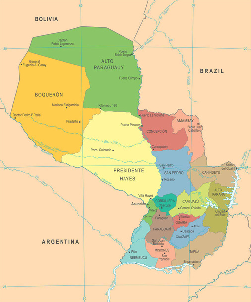 Mapa do Paraguai - ilustração vetorial detalhada
 - Vetor, Imagem