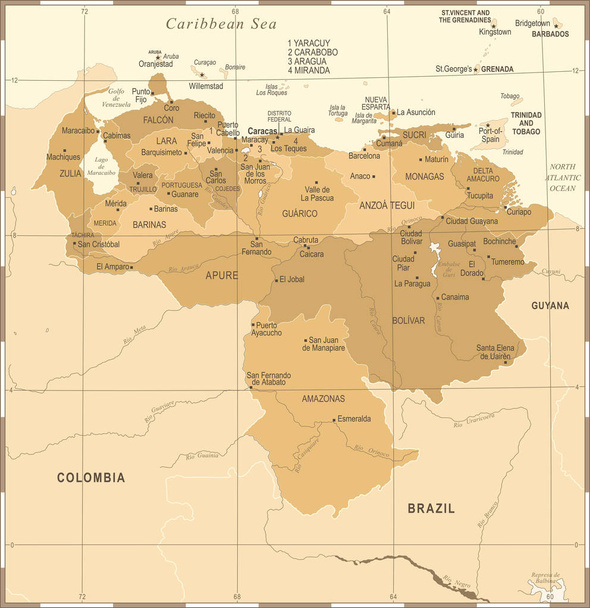 Venezuela Mapa - Vintage ilustración vectorial detallada
 - Vector, imagen