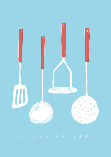 Set de utensilios de garabato dibujados a mano. Elementos de herramientas de cocina vectorial. Machacador de patatas, cucharón, espátula, espumadero
 - Vector, imagen
