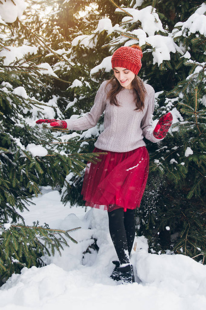 Woman having fun in winter forest  - Foto, Imagem