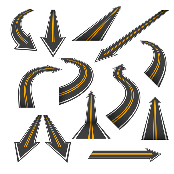 Road arrow set. Arrow roads with yellow markings. - Vector, Image
