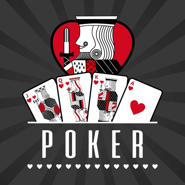 deck of card casino poker king hearts black rays background - Vector, Image