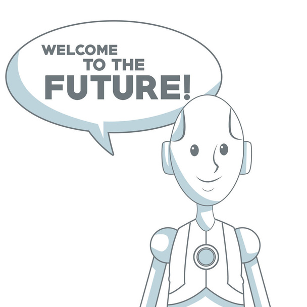 fundo branco com silhueta cor seções sombreamento de robô humano com caixa de diálogo texto bem-vindo ao futuro
 - Vetor, Imagem