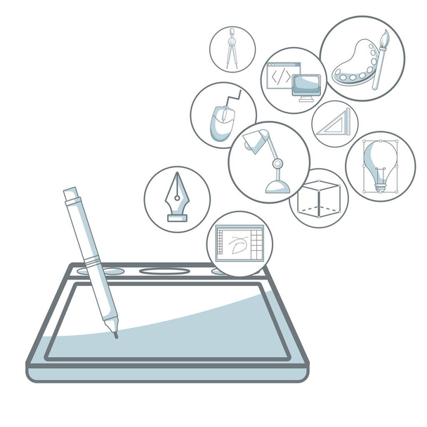 білий фон з кольоровими секціями силуету затінення цифрового пристрою з ручкою з плаваючими іконками графічний дизайн
 - Вектор, зображення