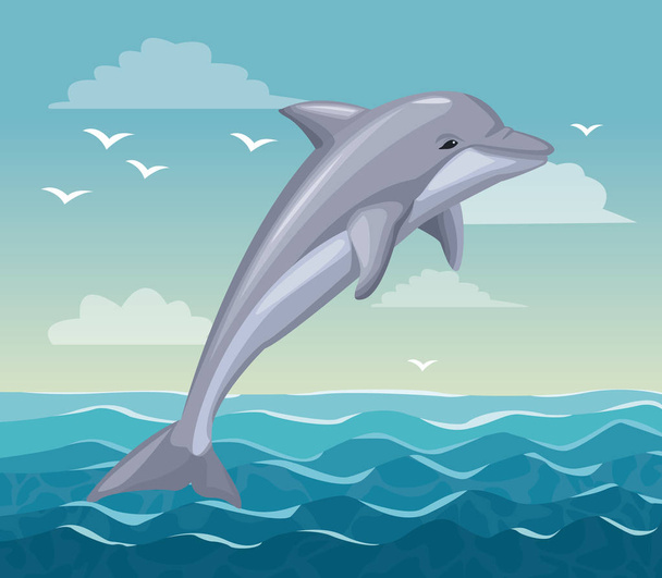 colorful poster seaside with dolphin mammal in ocean - Vector, Image